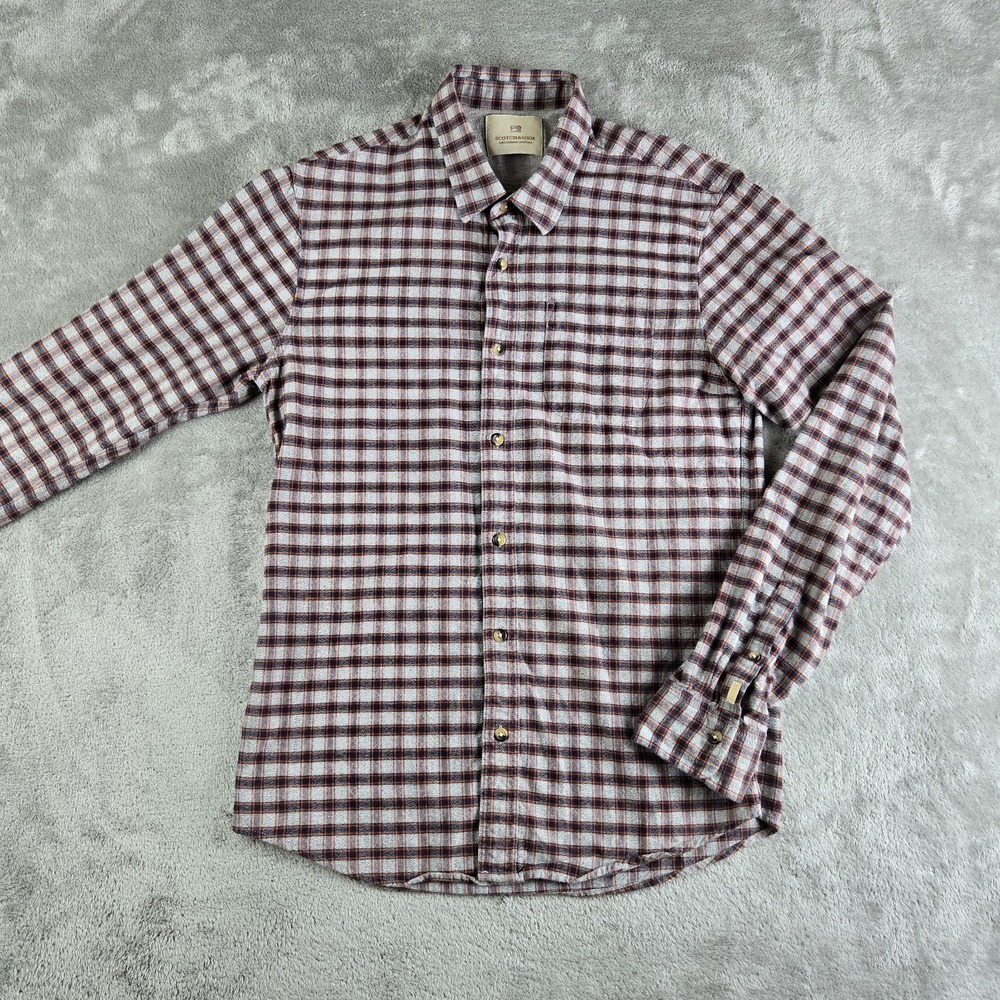 Scotch & Soda Shirt Men Small Gray Blue Checkered Flannel Long Sleeve Metal Logo